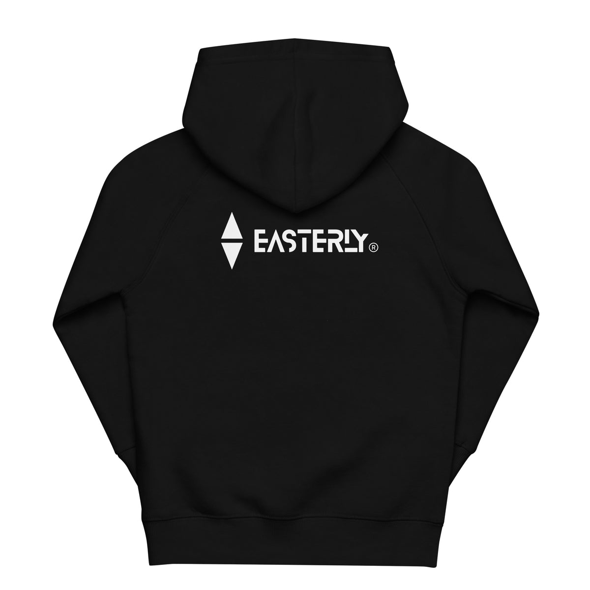  Black Sammy Seal kids’ hoodie, back view with white EASTERLY logo.
