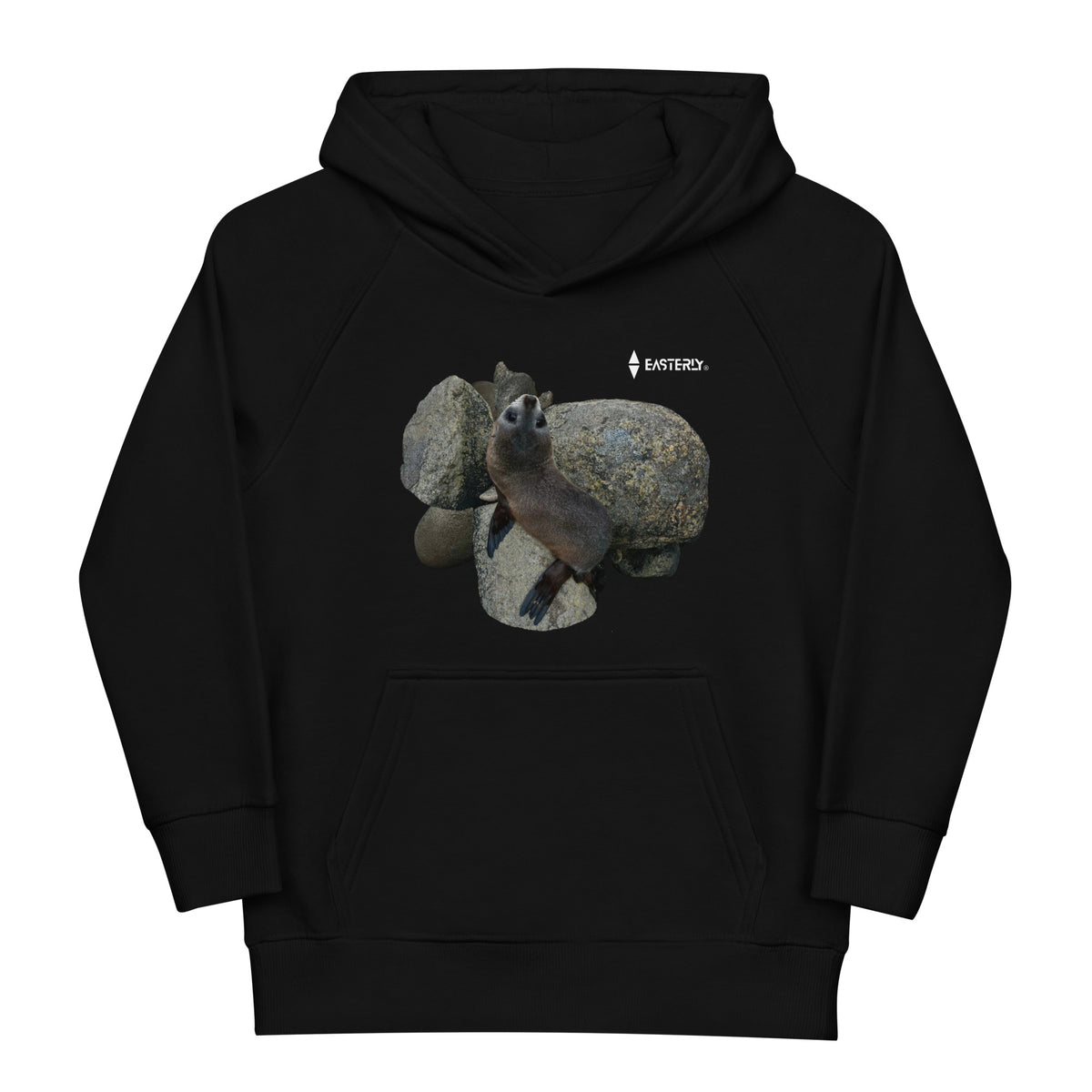 Black Sammy Seal kids’ hoodie, front view with seal pup and rocks print. mockup