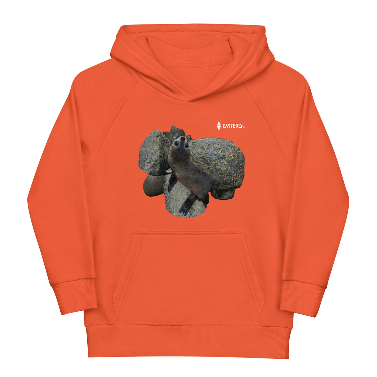 Burnt Orange Sammy Seal kids’ hoodie, front view with seal pup and rocks print.