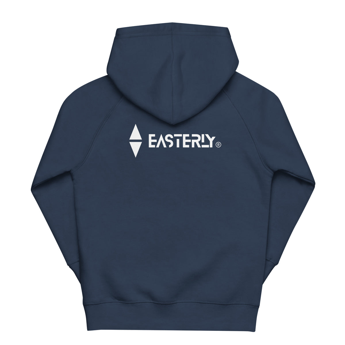 French Navy Sammy Seal kids’ hoodie, back view with white EASTERLY logo.