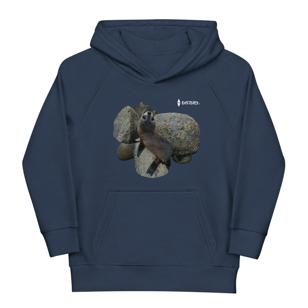 French Navy Sammy Seal kids’ hoodie, front view with sleeves straight and seal pup print.