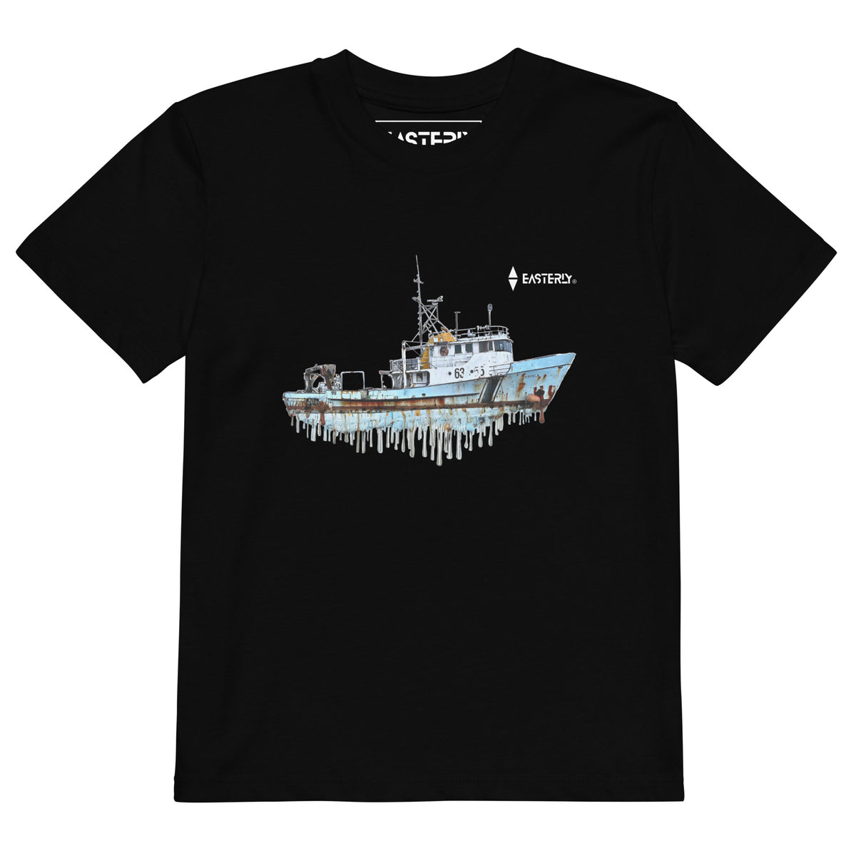 A black organic cotton t-shirt with a weathered white fishing boat graphic on the chest with a dripping paint effect, and a small white EASTERLY logo on the left chest.