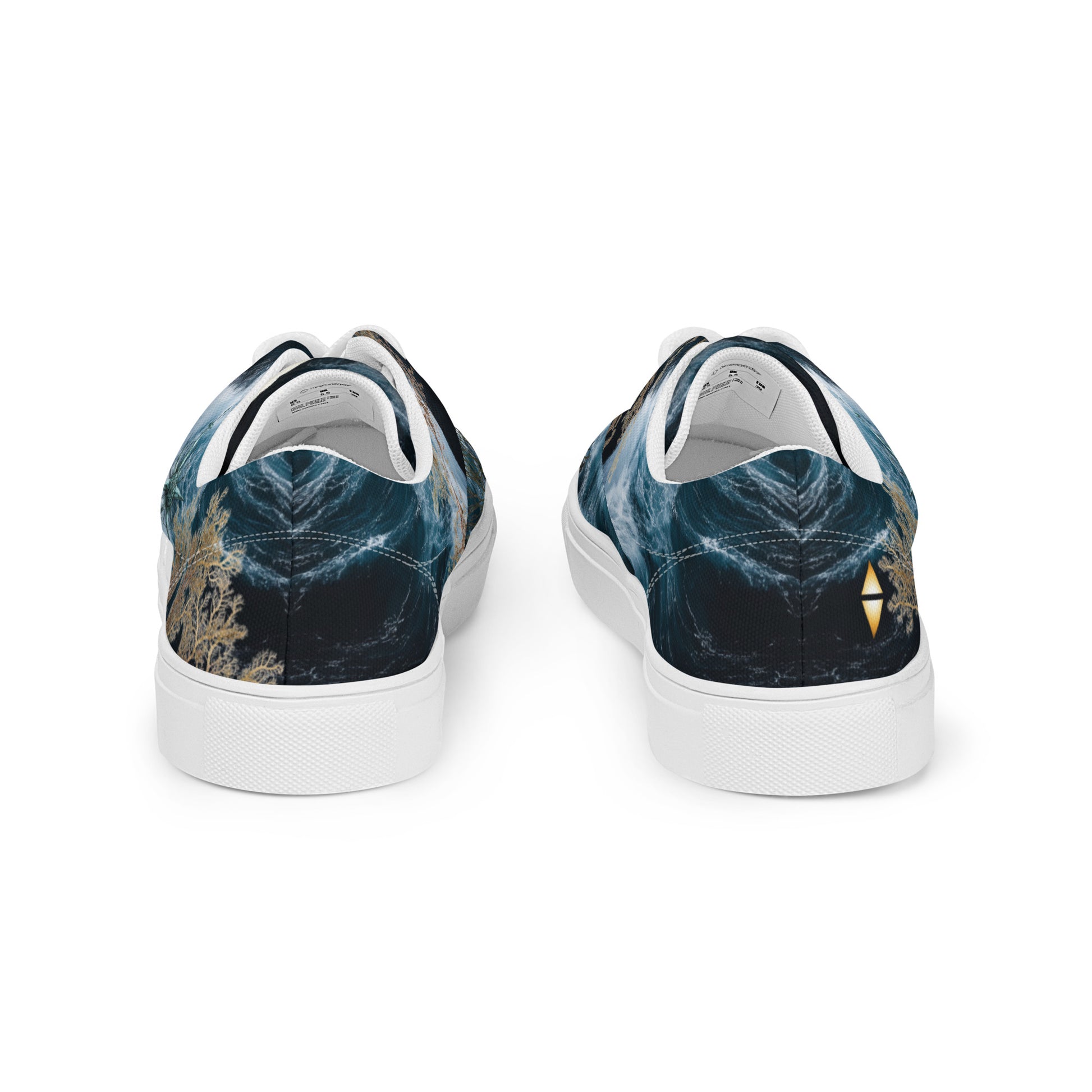 Roaring Forties — Men's Lace-Up Canvas Shoes. All-over print featuring stormy Southern Ocean, Marginariella seaweed, compass rose, and great white shark tooth detail. EASTERLY — designed on Rakiura, Stewart Island, New Zealand.