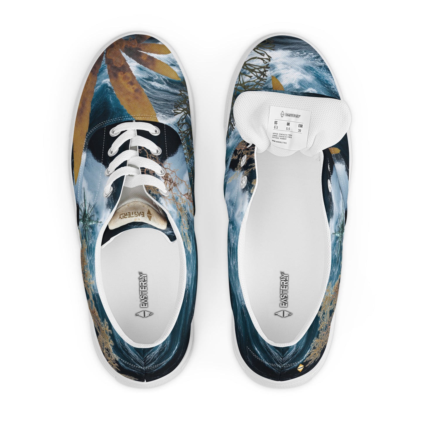 Roaring Forties — Men's Lace-Up Canvas Shoes. All-over print featuring stormy Southern Ocean, Marginariella seaweed, compass rose, and great white shark tooth detail. EASTERLY — designed on Rakiura, Stewart Island, New Zealand.