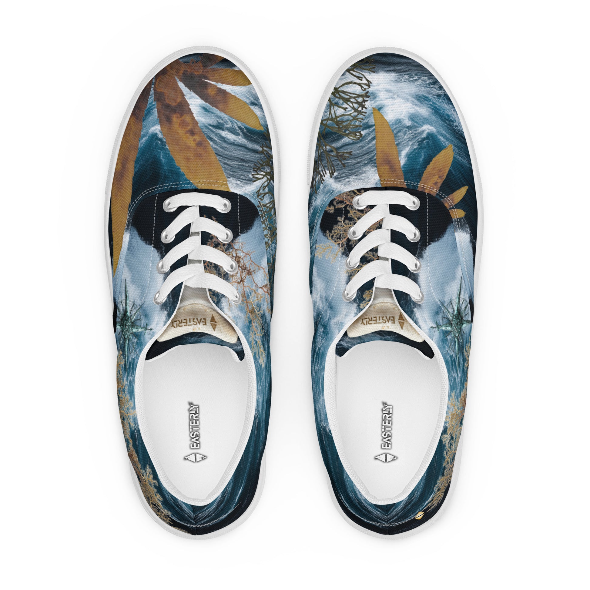 Roaring Forties — Men's Lace-Up Canvas Shoes. All-over print featuring stormy Southern Ocean, Marginariella seaweed, compass rose, and great white shark tooth detail. EASTERLY — designed on Rakiura, Stewart Island, New Zealand.