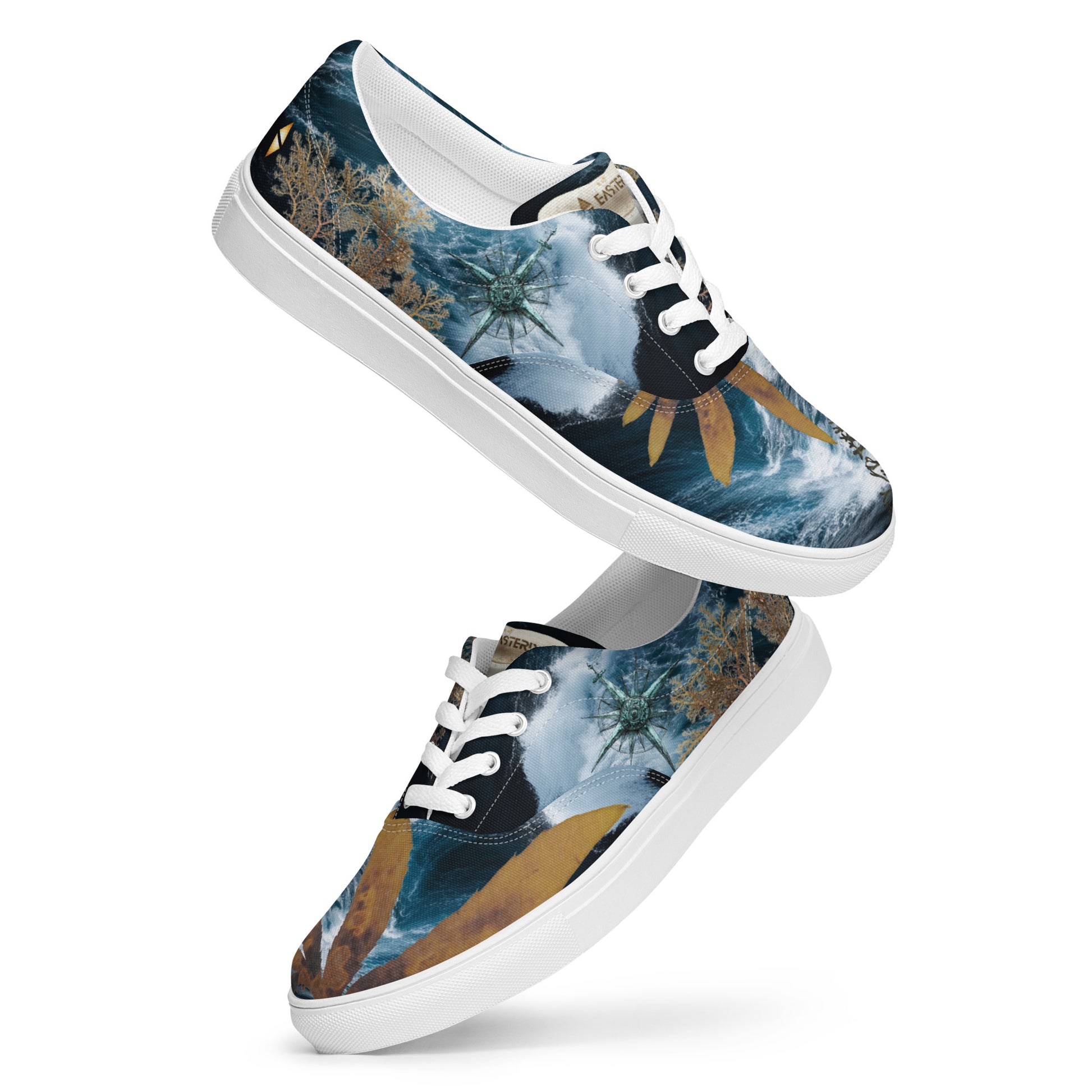 Roaring Forties — Men's Lace-Up Canvas Shoes. All-over print featuring stormy Southern Ocean, Marginariella seaweed, compass rose, and great white shark tooth detail. EASTERLY — designed on Rakiura, Stewart Island, New Zealand.