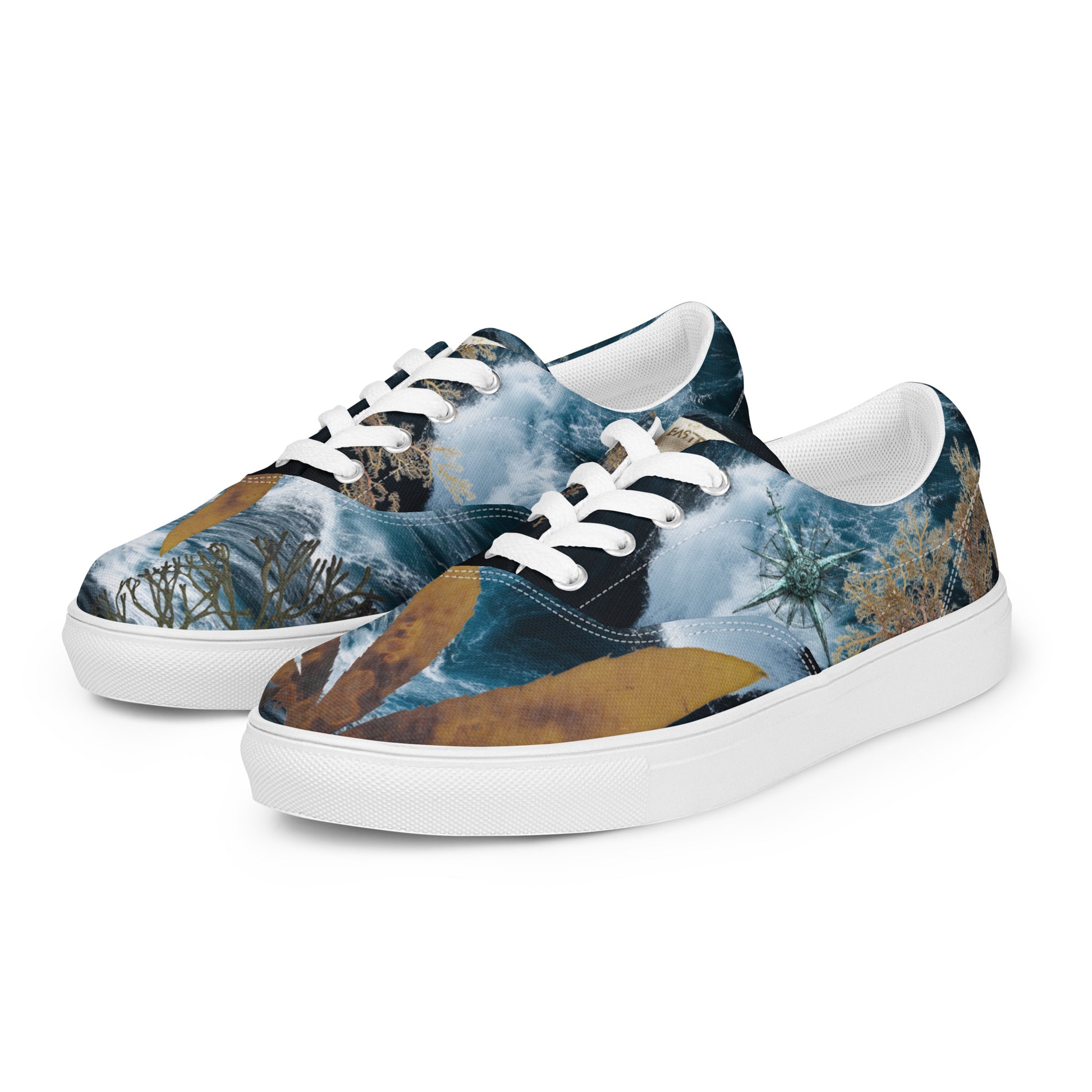 Roaring Forties — Men's Lace-Up Canvas Shoes. All-over print featuring stormy Southern Ocean, Marginariella seaweed, compass rose, and great white shark tooth detail. EASTERLY — designed on Rakiura, Stewart Island, New Zealand.