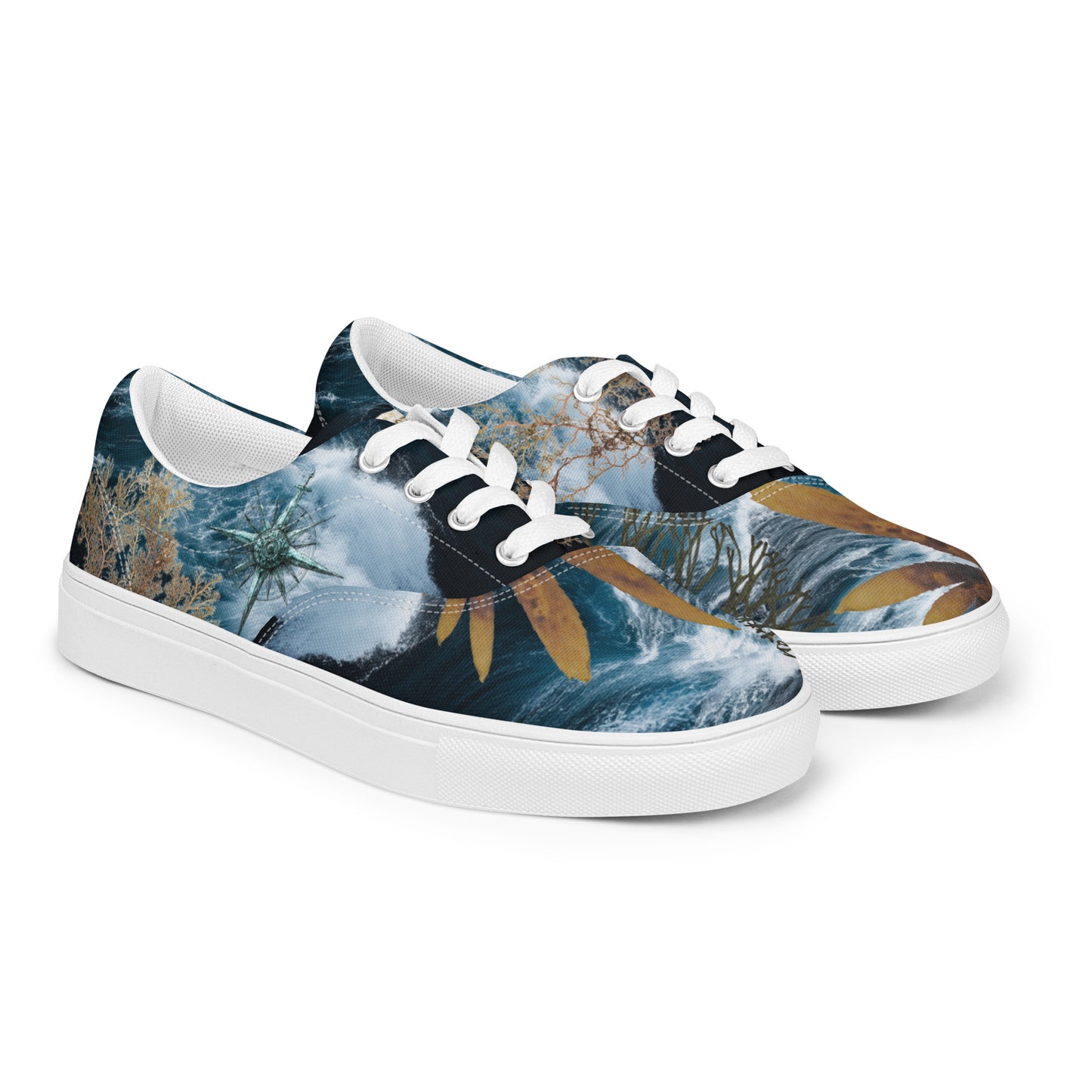 Roaring Forties — Men's Lace-Up Canvas Shoes. All-over print featuring stormy Southern Ocean, Marginariella seaweed, compass rose, and great white shark tooth detail. EASTERLY — designed on Rakiura, Stewart Island, New Zealand.
