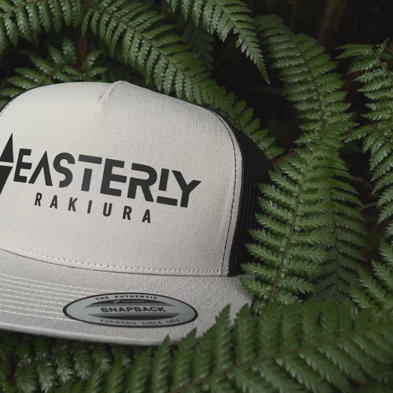 EASTERLY Rakiura trucker cap in stone — recycled snapback hat resting on a native fern with New Zealand birdsong, Stewart Island NZ
