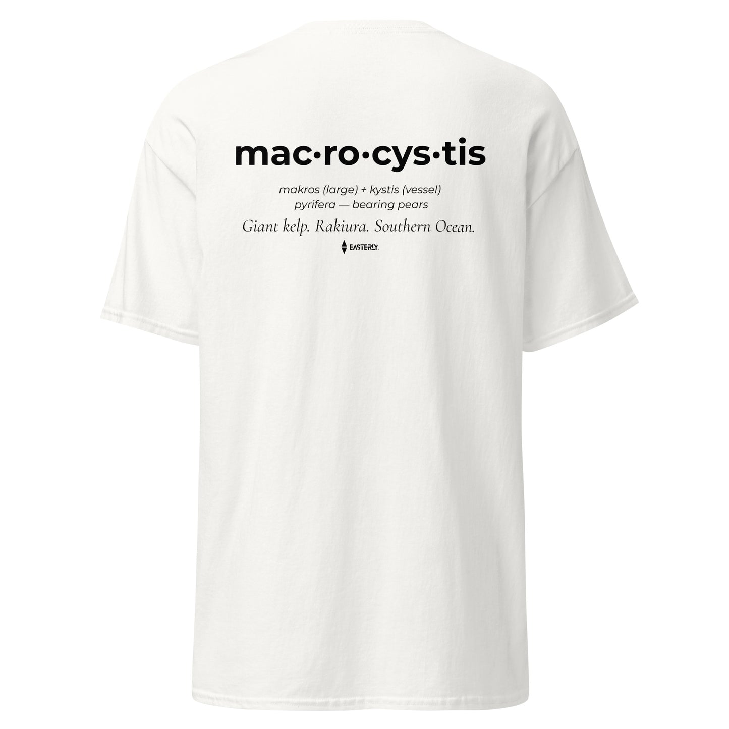 Back view of the mac·ro·cys·tis tee — white Gildan 5000. EASTERLY. Made to order on Rakiura, Stewart Island, New Zealand.