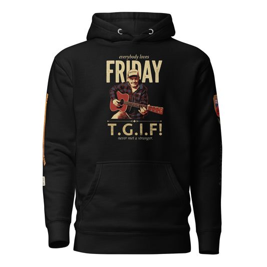 everybody loves FRIDAY — T.G.I.F! hoodie in black, front view. Friday Cavanagh playing guitar, "never met a stranger." Sleeve details visible. EASTERLY.