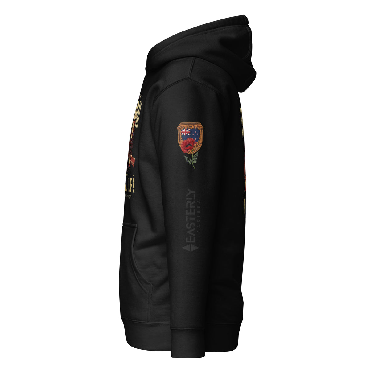 everybody loves FRIDAY hoodie in black — right sleeve detail showing New Zealand flag, poppy, and EASTERLY wordmark.