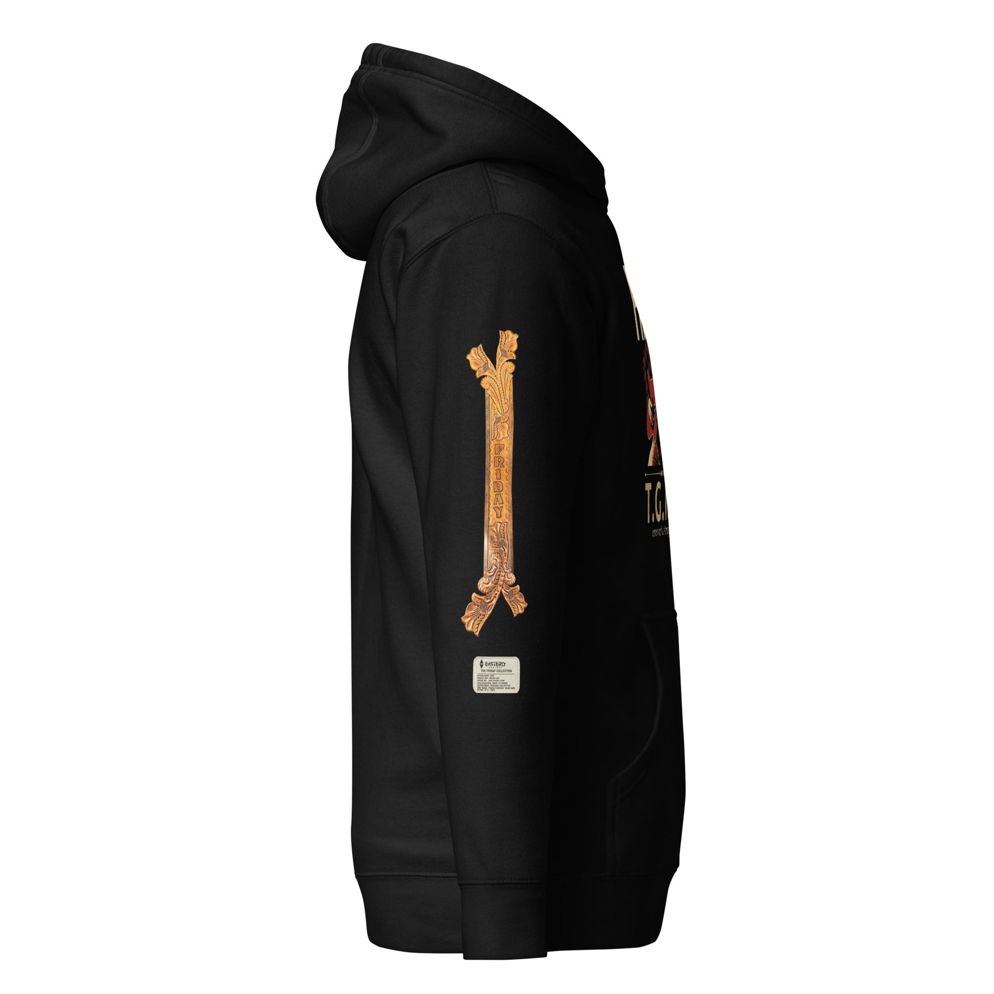 everybody loves FRIDAY hoodie in black — left sleeve detail showing Friday's leather guitar strap design. EASTERLY.