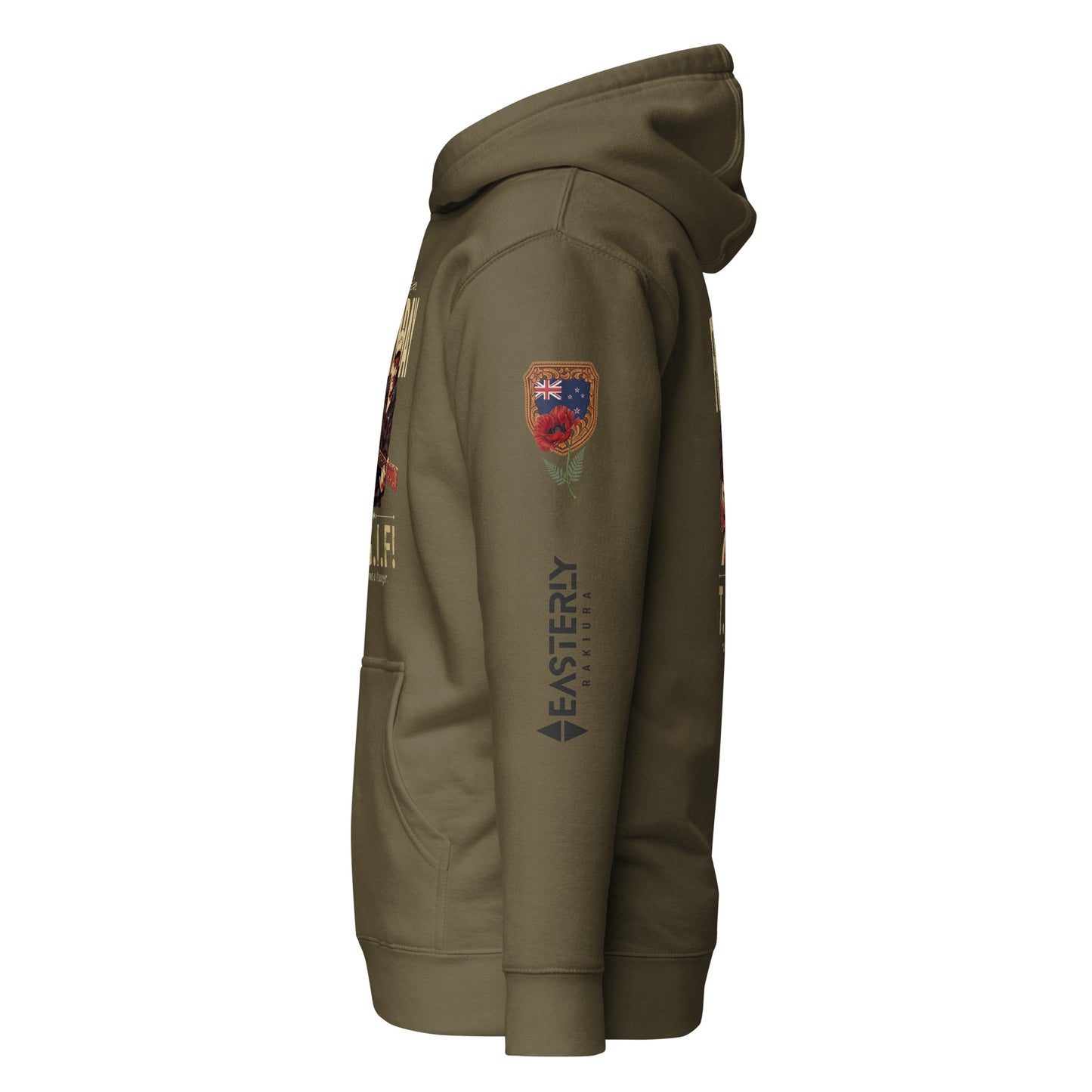 everybody loves FRIDAY hoodie in military green — right sleeve detail showing New Zealand flag, poppy, and EASTERLY wordmark.