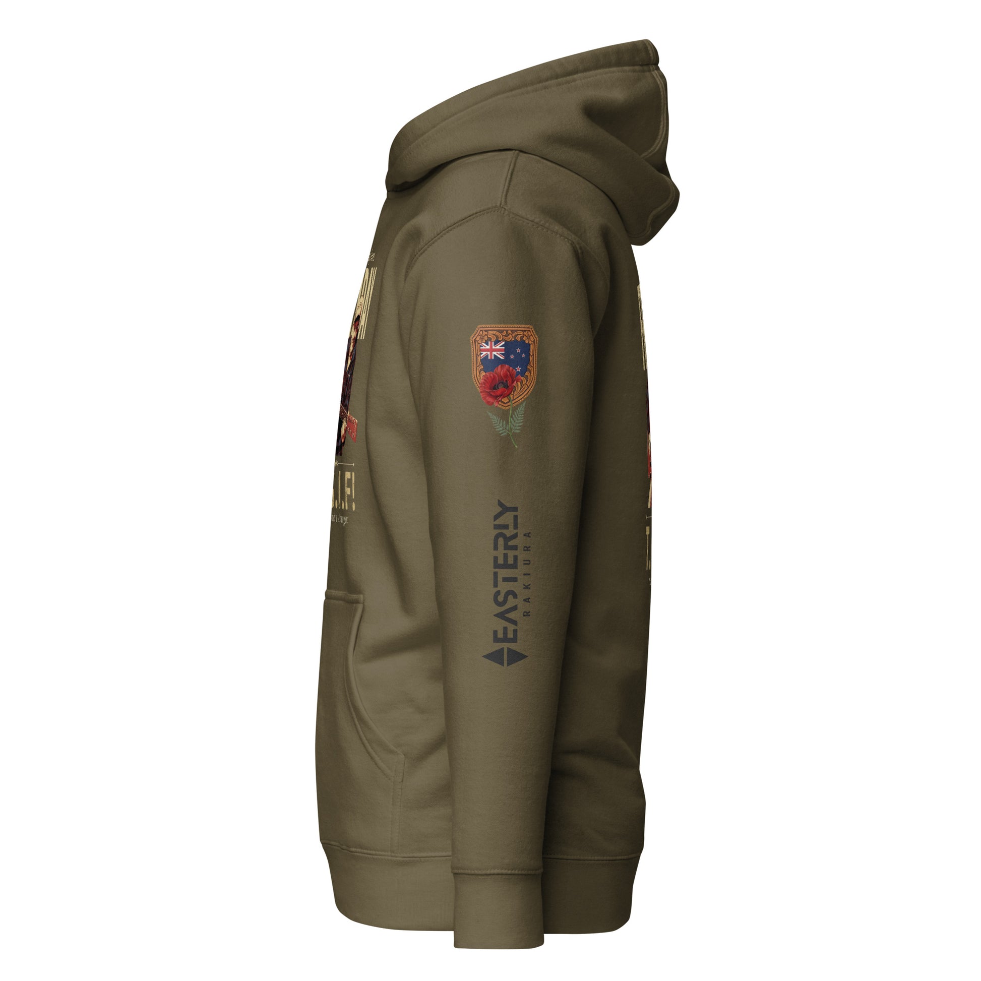 everybody loves FRIDAY hoodie in military green — right sleeve detail showing New Zealand flag, poppy, and EASTERLY wordmark.