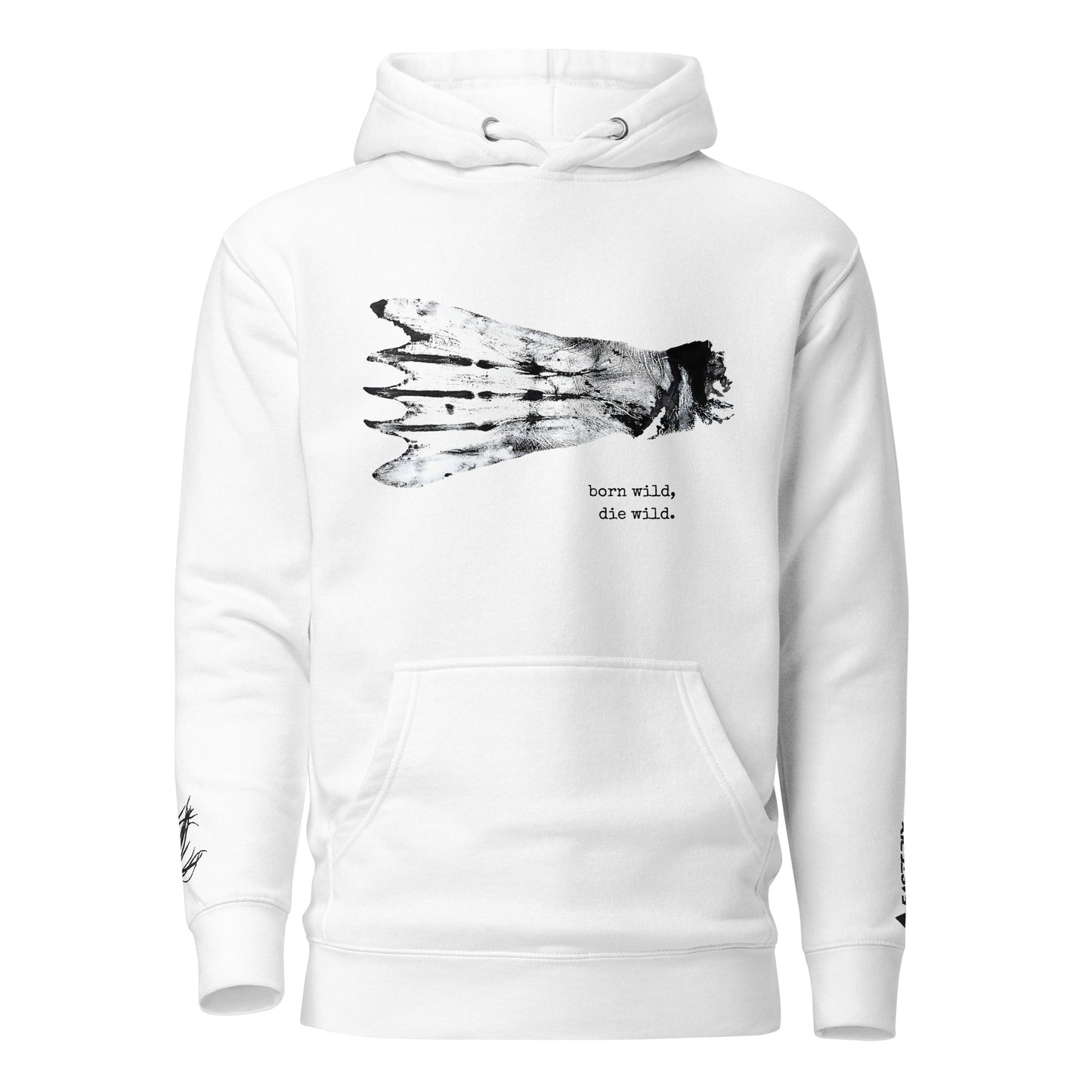 Born Wild Premium Hoodie — front view showing shark-bitten fur seal flipper DTG print with 'born wild, die wild.' typewriter text. EASTERLY NZ.