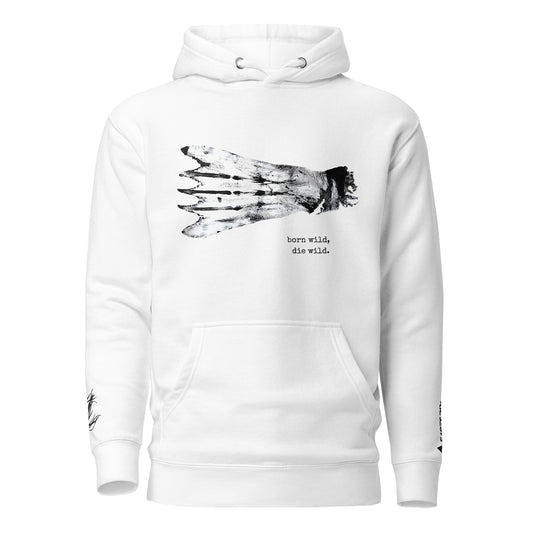 Born Wild Premium Hoodie — front view showing shark-bitten fur seal flipper DTG print with 'born wild, die wild.' typewriter text. EASTERLY NZ.