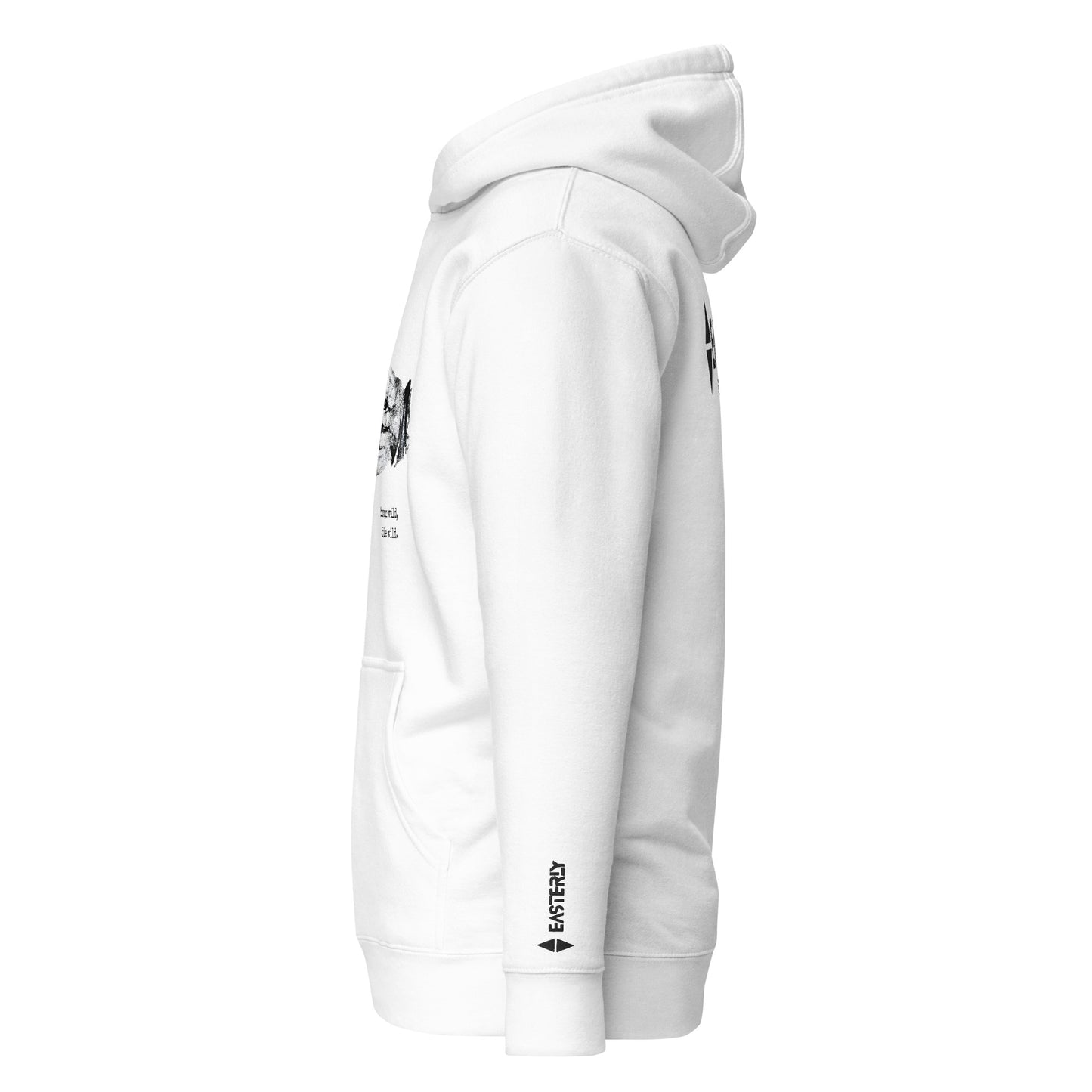 Born Wild Premium Hoodie — left side view showing EASTERLY sleeve embroidery detail. EASTERLY NZ.
