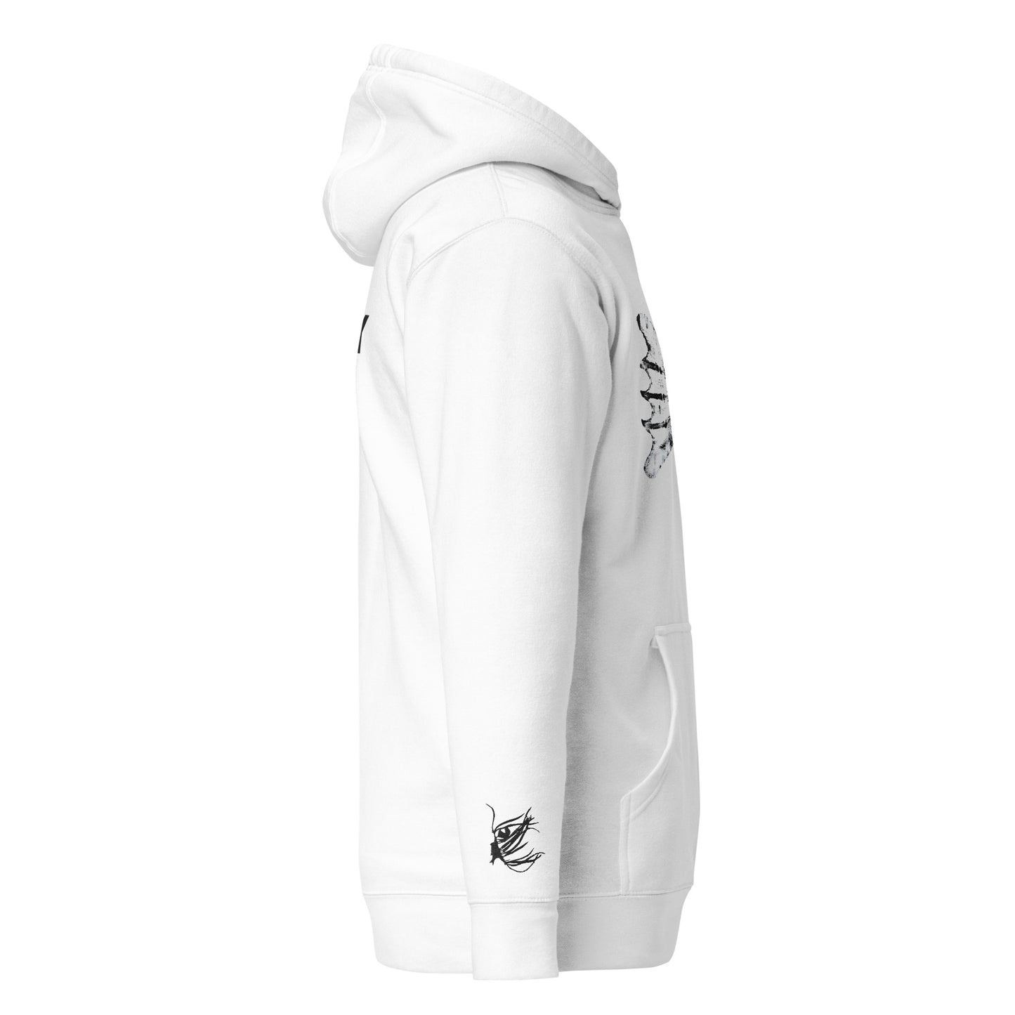 Born Wild Premium Hoodie — right side view showing Rakiura seaweed sleeve embroidery detail. EASTERLY NZ.