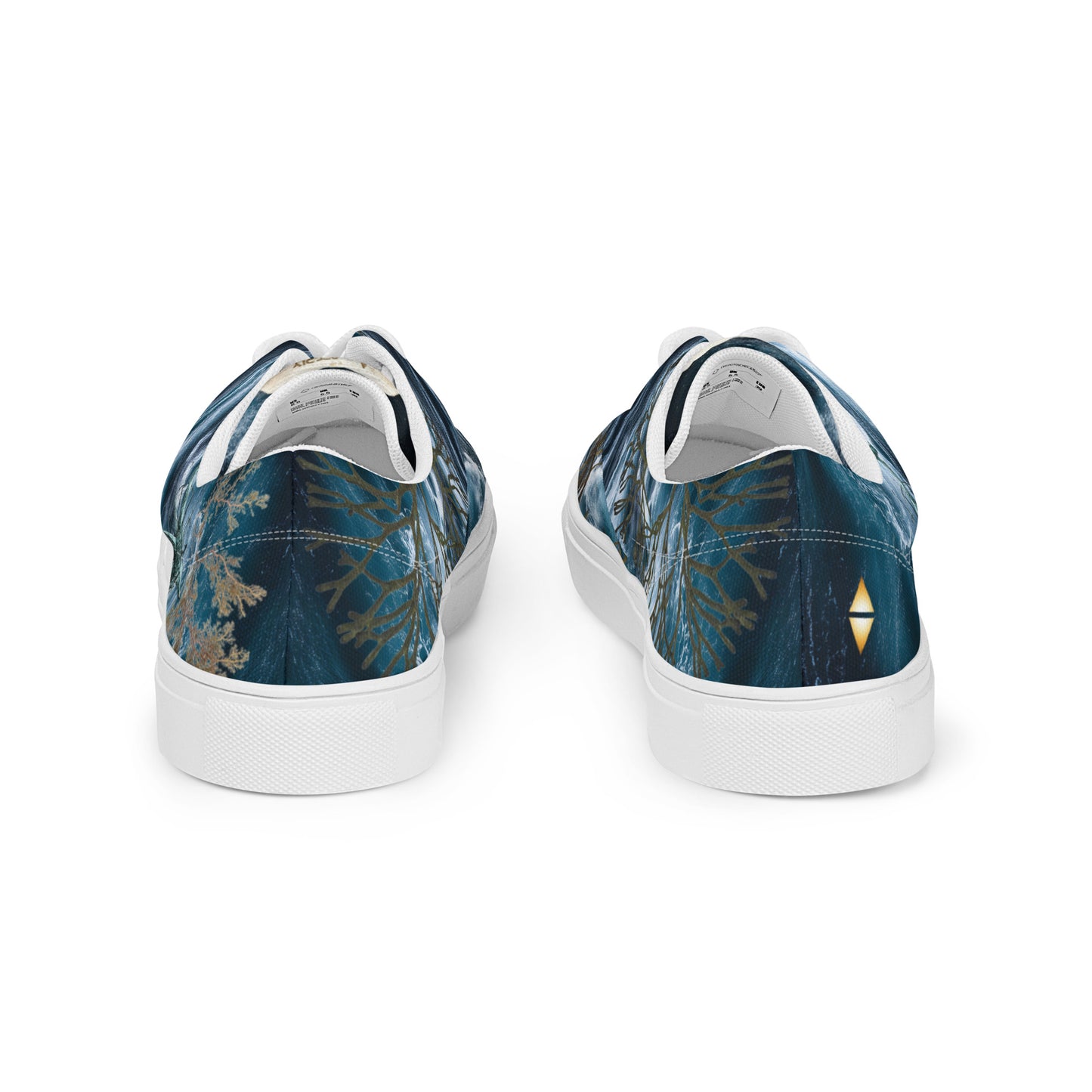 Roaring Forties women's lace-up canvas shoes — all over print featuring stormy Southern Ocean, Marginariella seaweed, compass rose, great white shark tooth on tongue, and golden EASTERLY beacon icon — designed in Rakiura, New Zealand