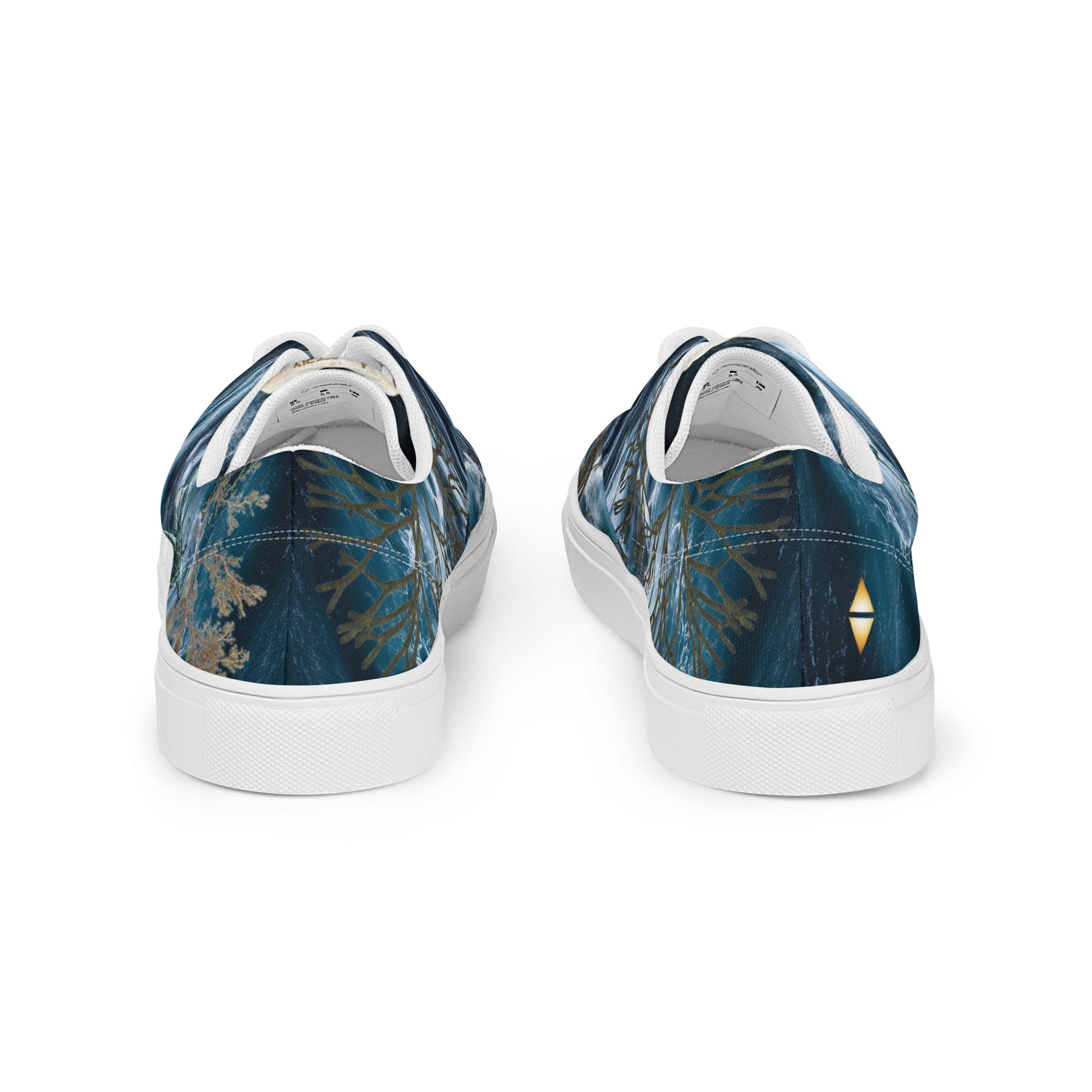 Roaring Forties women's lace-up canvas shoes — all over print featuring stormy Southern Ocean, Marginariella seaweed, compass rose, great white shark tooth on tongue, and golden EASTERLY beacon icon — designed in Rakiura, New Zealand
