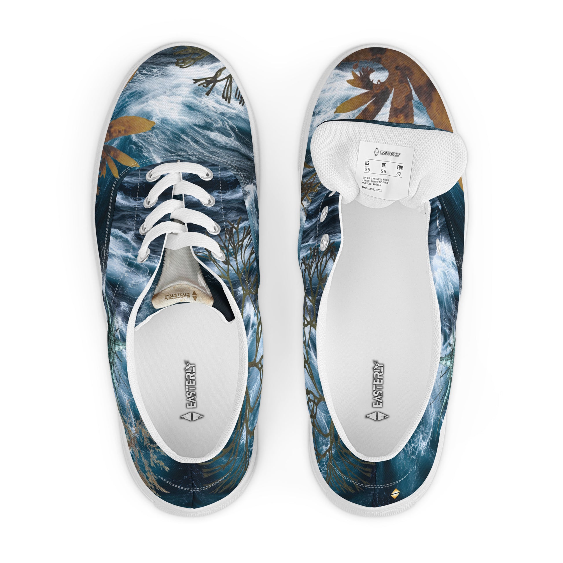 Roaring Forties women's lace-up canvas shoes — all over print featuring stormy Southern Ocean, Marginariella seaweed, compass rose, great white shark tooth on tongue, and golden EASTERLY beacon icon — designed in Rakiura, New Zealand