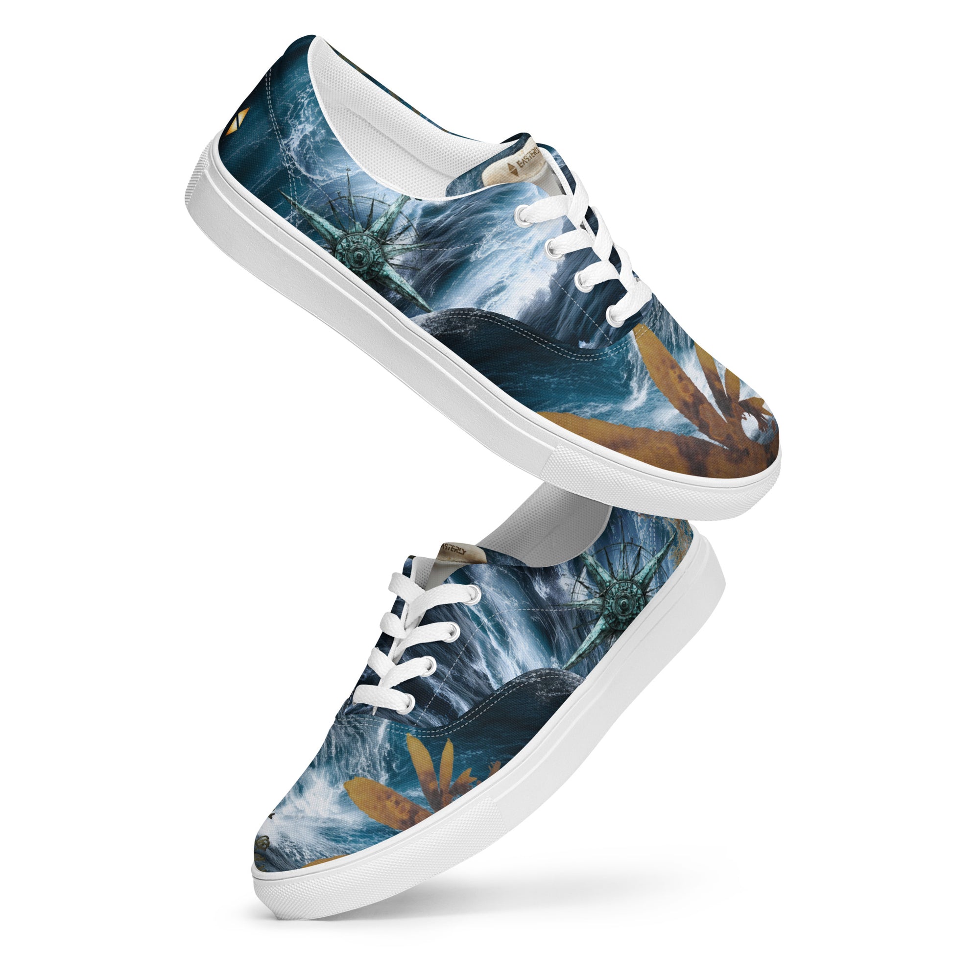 Roaring Forties women's lace-up canvas shoes — all over print featuring stormy Southern Ocean, Marginariella seaweed, compass rose, great white shark tooth on tongue, and golden EASTERLY beacon icon — designed in Rakiura, New Zealand