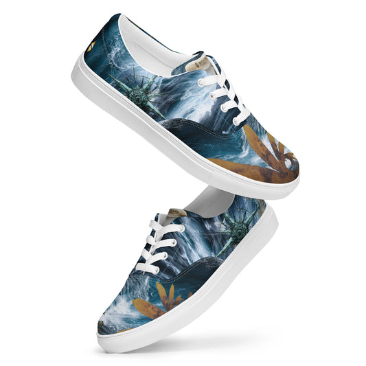 Roaring Forties women's lace-up canvas shoes — all over print featuring stormy Southern Ocean, Marginariella seaweed, compass rose, great white shark tooth on tongue, and golden EASTERLY beacon icon — designed in Rakiura, New Zealand