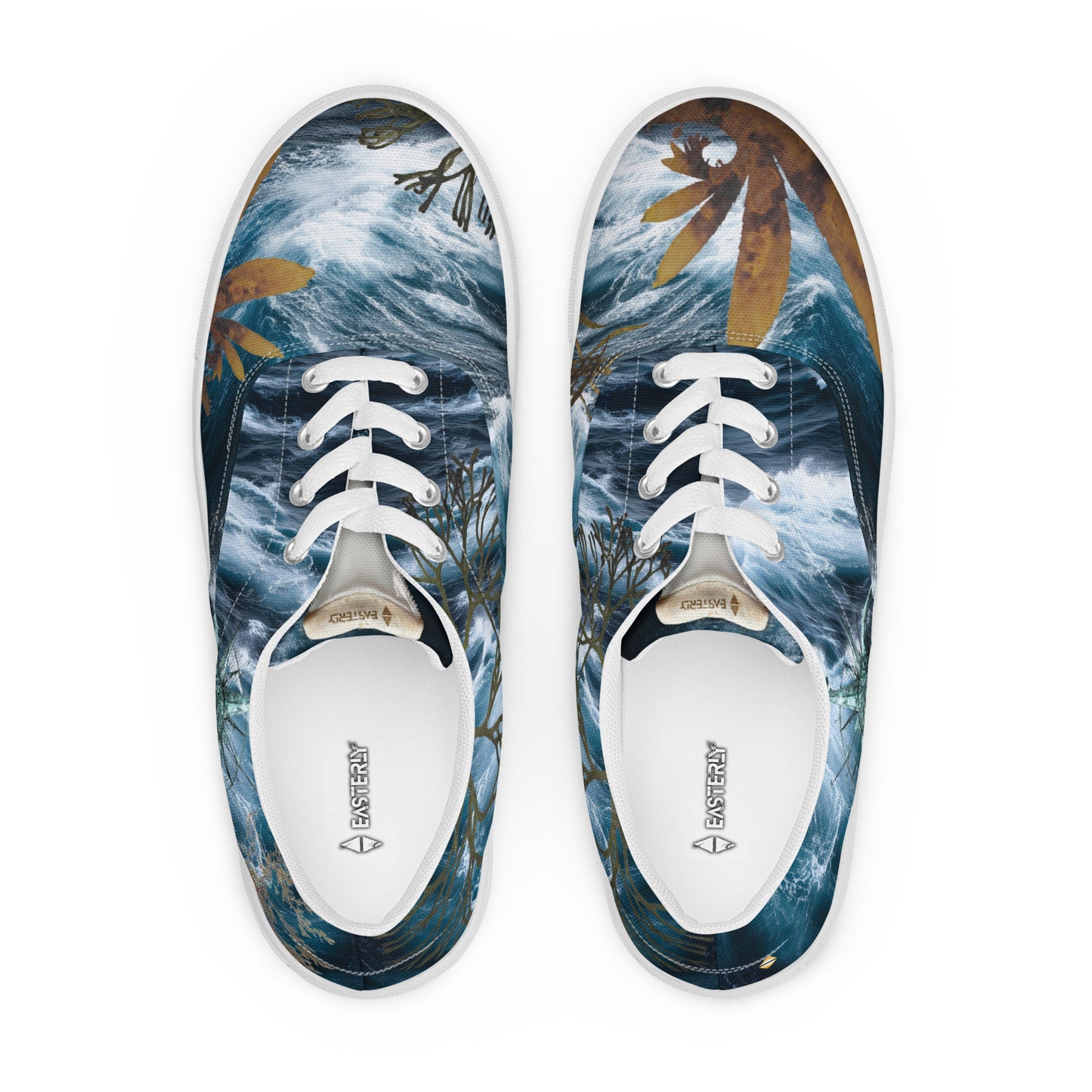 Roaring Forties women's lace-up canvas shoes — all over print featuring stormy Southern Ocean, Marginariella seaweed, compass rose, great white shark tooth on tongue, and golden EASTERLY beacon icon — designed in Rakiura, New Zealand