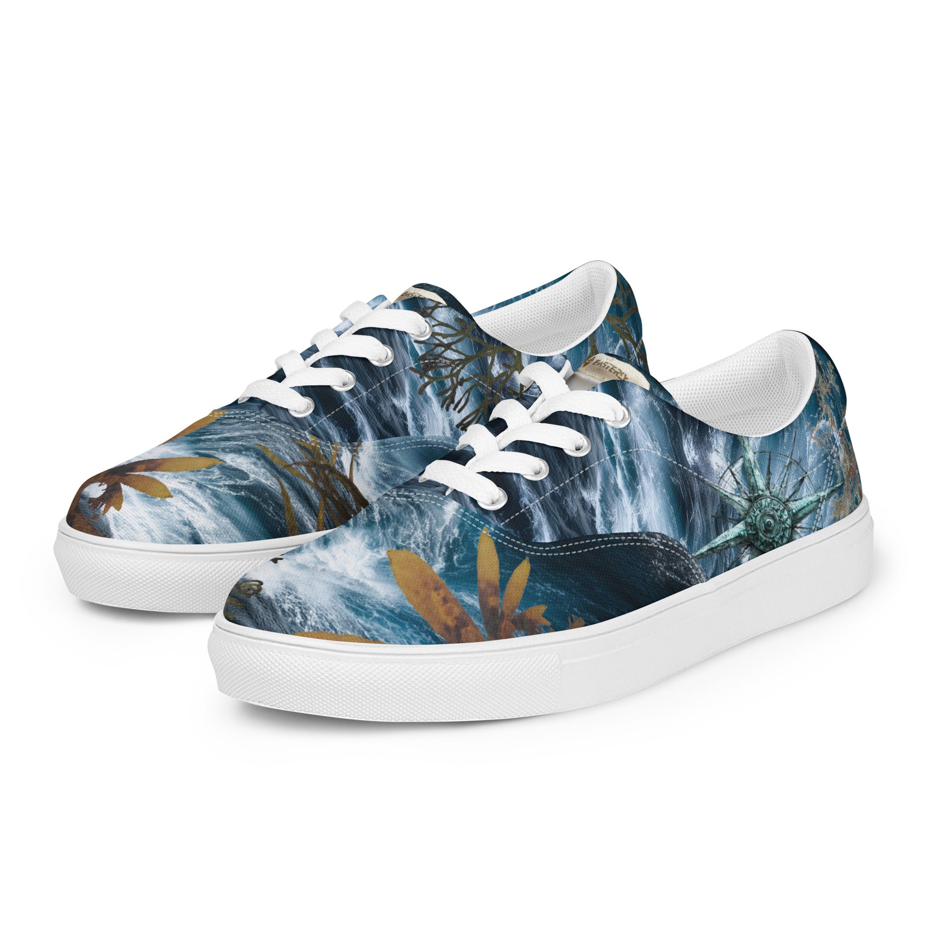 Roaring Forties women's lace-up canvas shoes — all over print featuring stormy Southern Ocean, Marginariella seaweed, compass rose, great white shark tooth on tongue, and golden EASTERLY beacon icon — designed in Rakiura, New Zealand