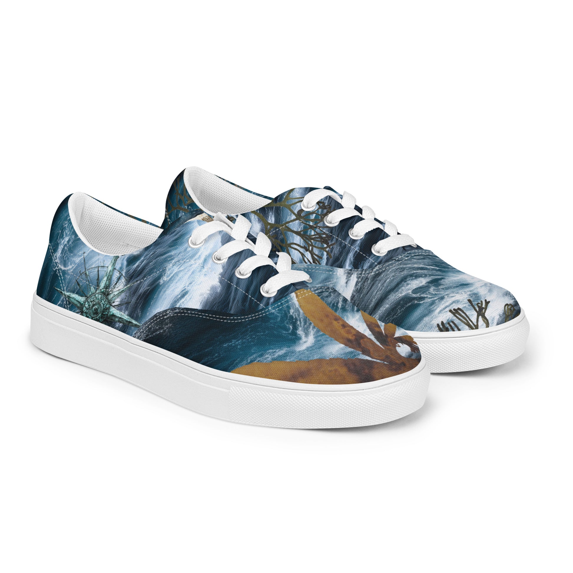 Roaring Forties women's lace-up canvas shoes — all over print featuring stormy Southern Ocean, Marginariella seaweed, compass rose, great white shark tooth on tongue, and golden EASTERLY beacon icon — designed in Rakiura, New Zealand
