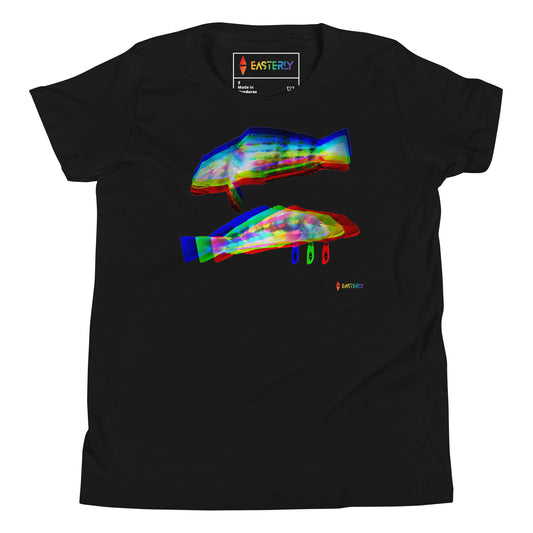 Rāwaru — Youth Cotton Crew Neck T-Shirt, Front View, Black. Stewart Island New Zealand | EASTERLY
