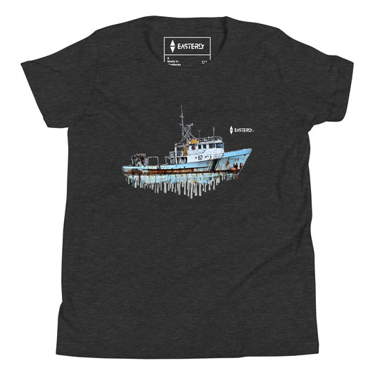 A dark grey heather t-shirt with a weathered pale blue fishing boat graphic on the chest with a dripping paint effect, and a small white EASTERLY logo on the left chest.